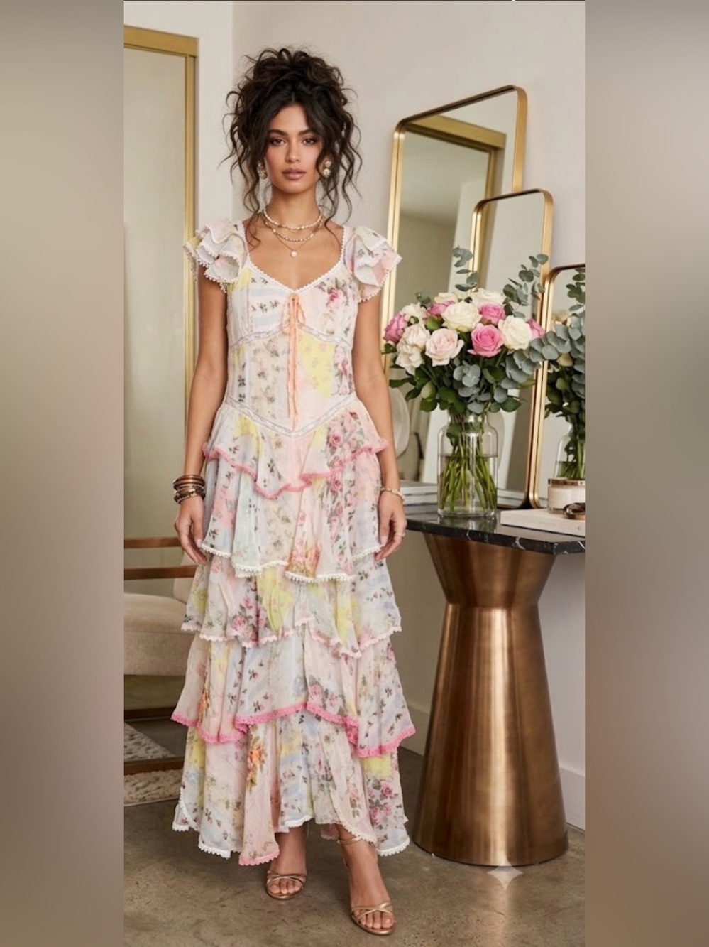 NWT Free People Love You Bunches Tiered Drop Waist Ruffles Floral Maxi Dress